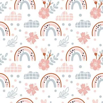 Cute spring seamless vector pattern with hand drawn scandinavian rainbows and Stock Illustration