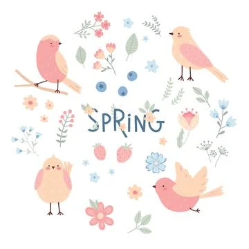 Cute spring set with birds and flowers. Stock Illustration