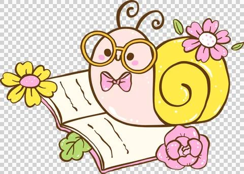 Cute Spring Snail Reading Book Cartoon Hand Drawn Stock Illustration