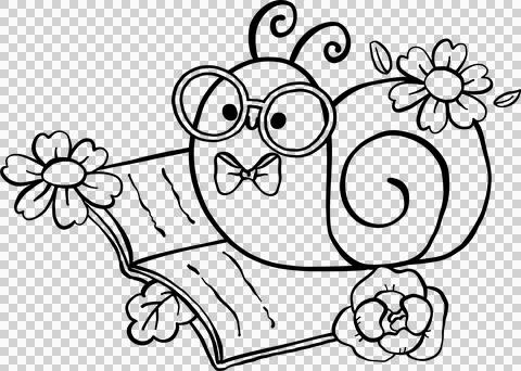 Cute Spring Snail Reading Book Outline Cartoon Hand Drawn Stock Illustration