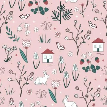 Cute spring vector seamless pattern with cartoon doodle flowers, blooming trees 스톡 일러스트