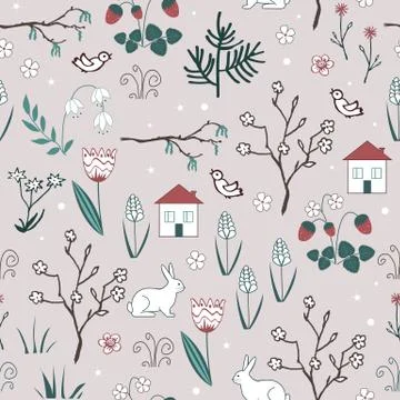 Cute spring vector seamless pattern with cartoon doodle flowers, blooming trees 스톡 일러스트