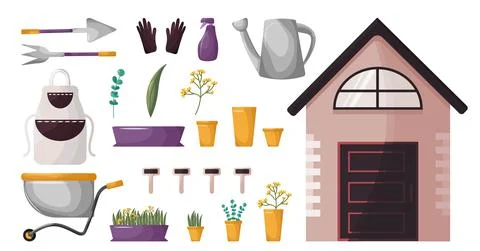 Cute spring vector set of garden tools. Elements for the design of potted plants 스톡 일러스트