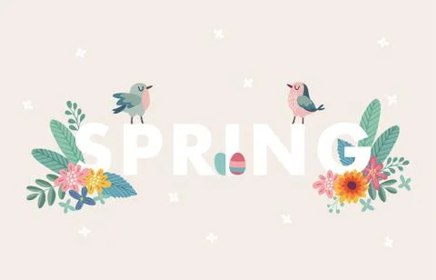 Cute spring web banner with birds, colorful Easter eggs, leaves and flowers Illustrazione stock