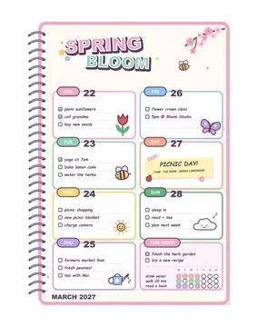 Cute spring weekly planner with pastel colors and Kawaii icons Illustrazione stock