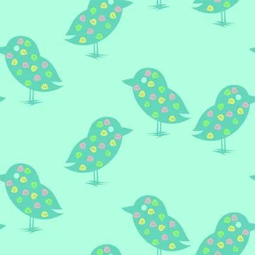 Cute springtime chicks vector repeat pattern in pastel shades on aqua green Stock Illustration