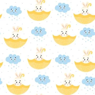 Cute springtime pattern with bunny in umbrella with flowers and rain on whi.. Stock Illustration