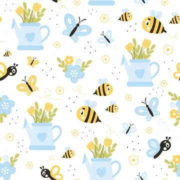 Cute springtime seamless pattern with bee and flowers in watering pot on wh.. Stock Illustration