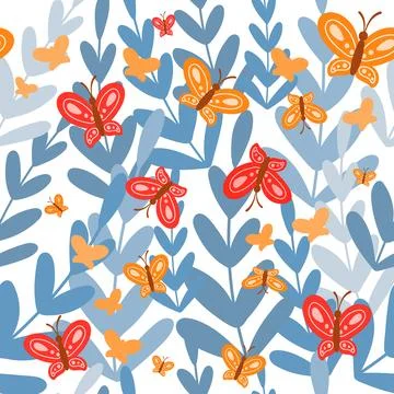 Cute springtime themed seamless pattern with butterflies and blue leaves on.. Stock Illustration