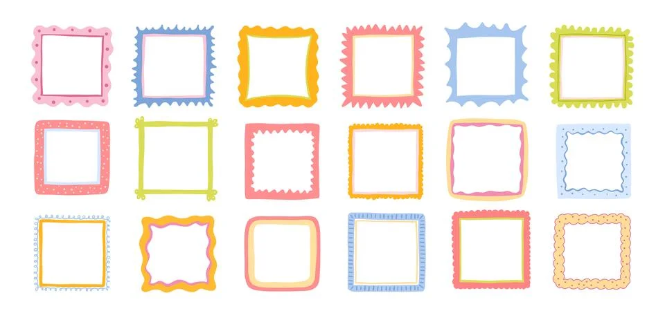 Cute square frames with scallop edges. Squiggle photo borders with zig zag ed Stock Illustration