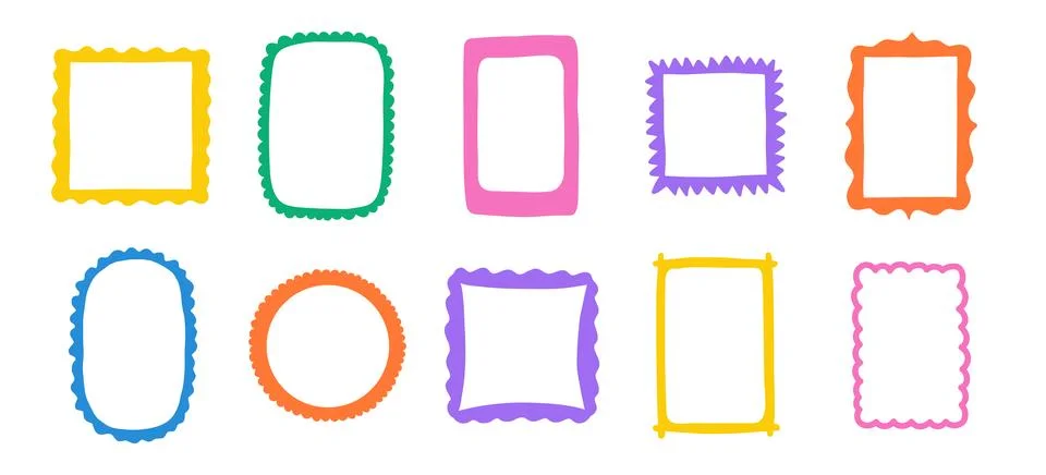 Cute square, oval and rectangle frames, scallop edges. Squiggle photo borders Stock Illustration