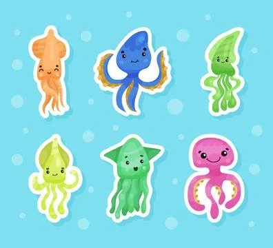 Cute Squid and Octopus with Smiling Face Vector Sticker Set Stock Illustration