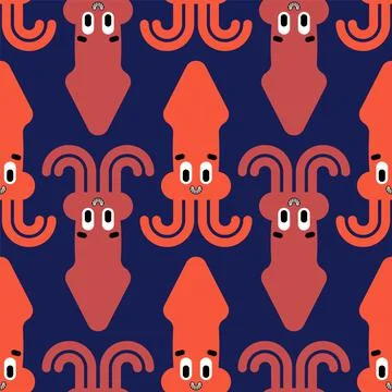 Cute Squid pattern seamless. Cartoon calamary sea animal background. Baby fab Stock Illustration
