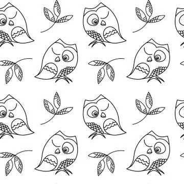 Cute squinting Owl . Seamless pattern , hand drawing with Doodle elements. 스톡 일러스트