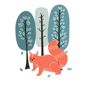 Cute Squirrel on the background of a tree, plant, bush. Vector illustrations  Stock Illustration