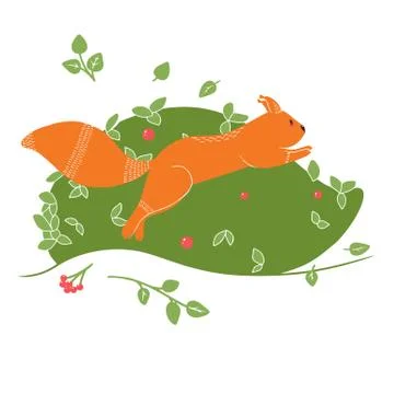 Cute Squirrel on the background of a tree, plant, bush. Vector illustrations  Stock Illustration