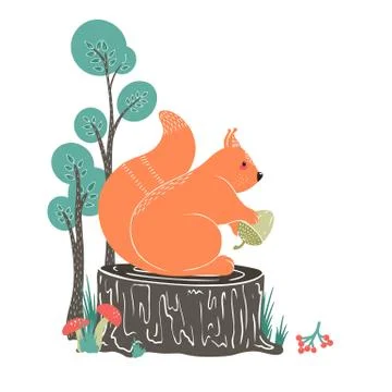 Cute Squirrel on the background of a tree, plant, bush. Vector illustrations  Stock Illustration