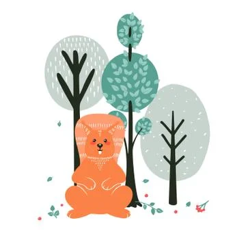Cute Squirrel on the background of a tree, plant, bush. Vector illustrations  Stock Illustration