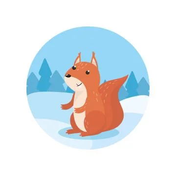 Cute squirrel on the background of winter landscape vector Illustratio, cartoon Stock Illustration