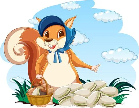Cute squirrel with basket full of nuts Stock Illustration