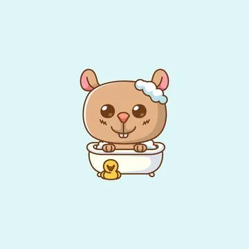 Cute squirrel bathing time in bathtub kawaii chibi character mascot Stock Illustration
