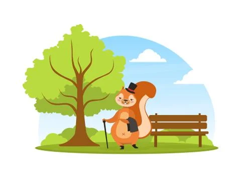 Cute Squirrel in Black Top Hat Walking in the Park with Cane, Adorable Humanized Stock Illustration