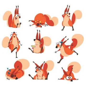 Cute Squirrel with Bushy Tail in Different Action with Emotion Vector Set Stock Illustration