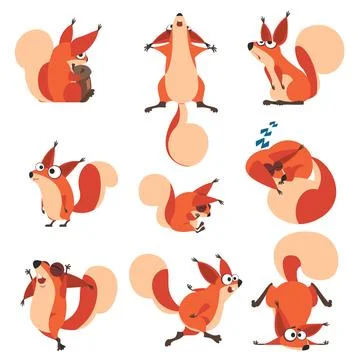 Cute Squirrel with Bushy Tail in Different Action with Emotion Vector Set Stock Illustration