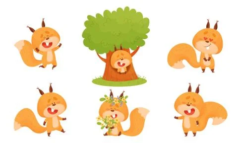 Cute Squirrel Character Doing Different Activities Vector Set Stock Illustration