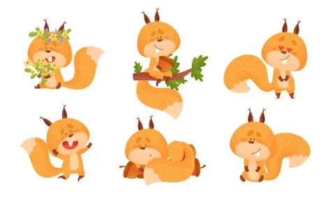Cute Squirrel Character Doing Different Activities Vector Set Illustrazione stock