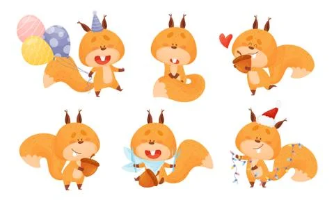 Cute Squirrel Character Doing Different Activities Vector Set Illustrazione stock