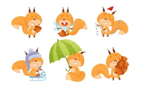 Cute Squirrel Character Doing Different Activities Vector Set Stock Illustration