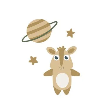 Cute squirrel character floating in space observing a ringed planet Illustrazione stock