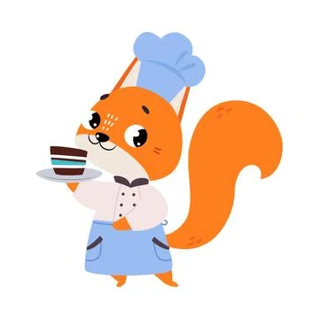 Cute Squirrel Chef Character in Toque Hold Cake Vector Illustration Stock Illustration
