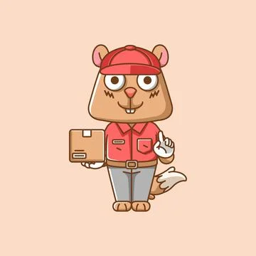 Cute squirrel courier package delivery animal chibi character mascot 스톡 일러스트