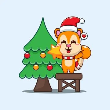 Cute squirrel decorating the Christmas tree on Christmas day. Stock Illustration