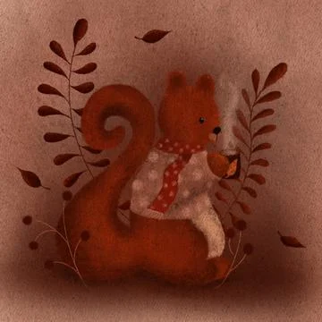 Cute squirrel drinking coffee illustration. Animal Ilustración de archivo