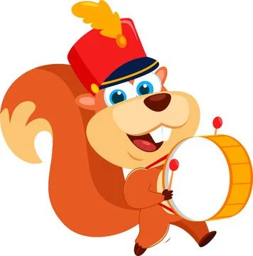 Cute Squirrel Drummer Character With Drum And Drumsticks Walking On Parade Illustrazione stock