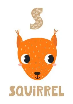 Cute squirrel face, letter S, text, illustration isolated Illustrazione stock