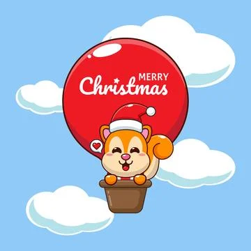Cute squirrel fly with air balloon in Christmas day. Stock Illustration