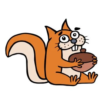 Cute squirrel found a big nut and smiles happily. Vector illustration. Stock Illustration