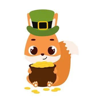 Cute squirrel in green leprechaun hat holds bowler with gold coins. Irish h.. Stock Illustration
