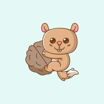 Cute squirrel hug nut hanging kawaii chibi character mascot illustration イラスト素材