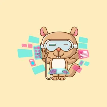 Cute squirrel interact virtual reality glasses vr kawaii chibi character Stock Illustration