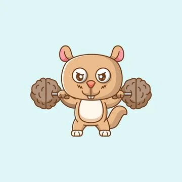 Cute squirrel lifting nut barbel food kawaii chibi character mascot イラスト素材