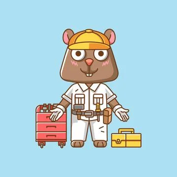 Cute squirrel mechanic with tool at workshop cartoon animal character mascot Stock Illustration