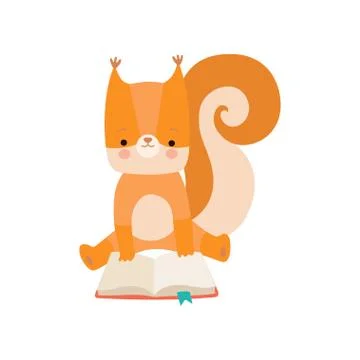 Cute Squirrel Reading Book, Adorable Smart Animal Character Sitting with Book イラスト素材