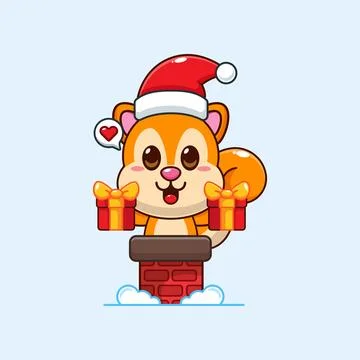 Cute squirrel with santa hat holding Christmas gift box in the chimney. Stock Illustration