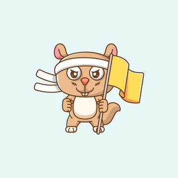 Cute squirrel shouting with the flag and headband kawaii chibi character イラスト素材