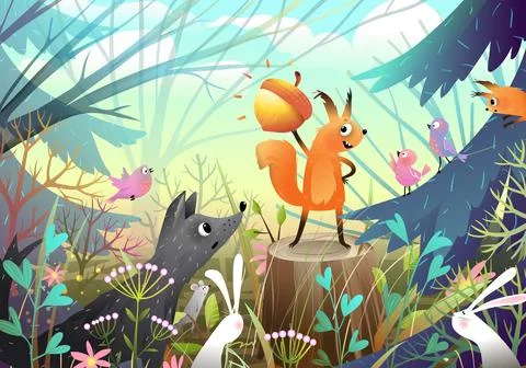 Cute Squirrel Showing her Nut to Animals in Forest Stock Illustration